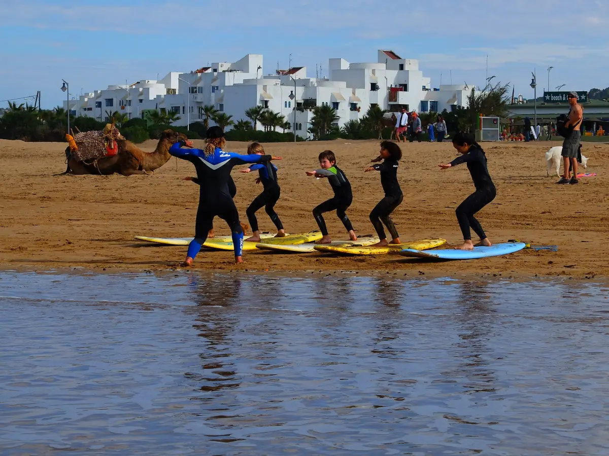 Beginners practise standing up on surfboards on a wet beach with a camel behind